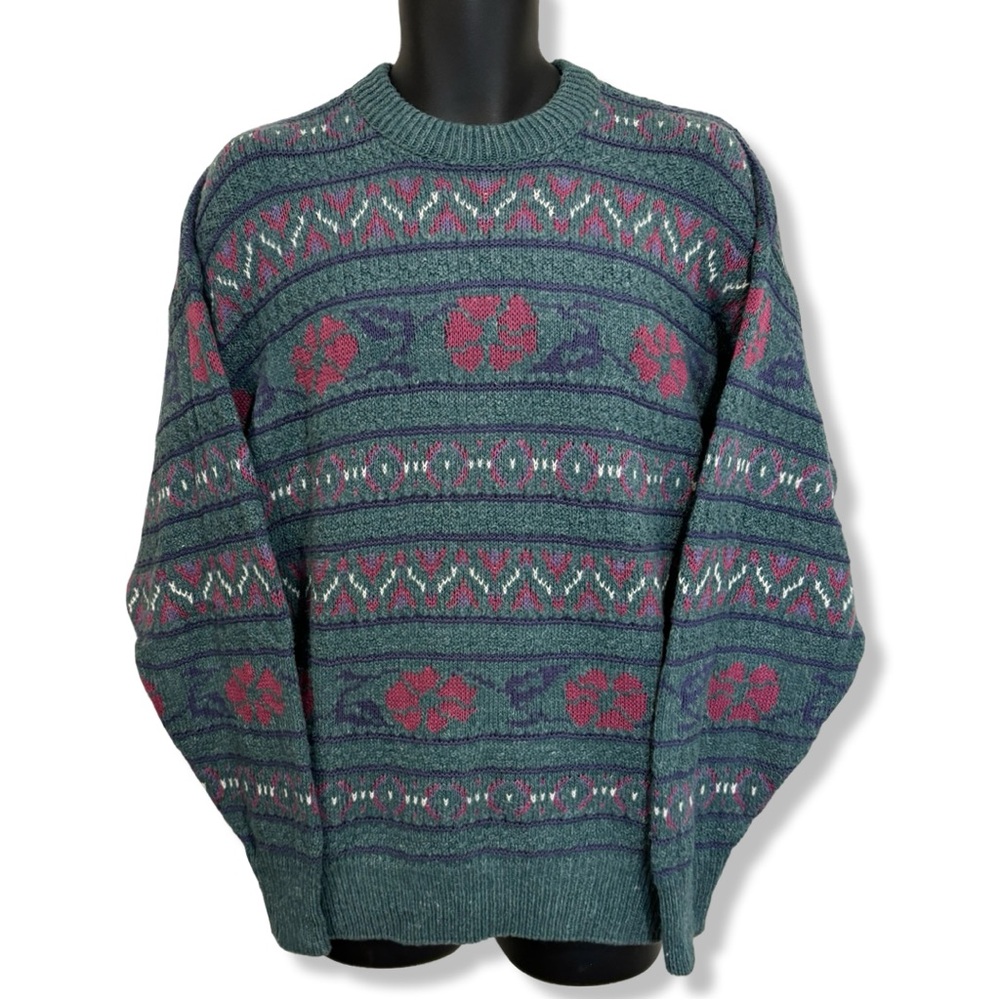 90s Vintage Northern Reflections Green and Pink Crewneck Wool Blend Sweater